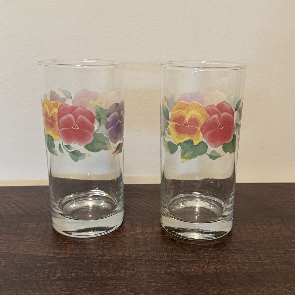 Vintage Corelle Summer Blush Glasses 16 Oz Pansy Tumblers Set of 2 Glassware